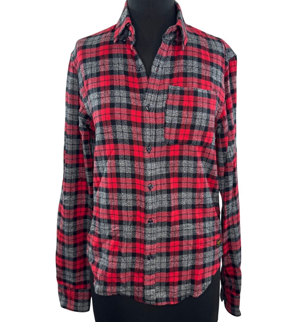 Scotch & Soda Red Gray Flannel Shirt Cotton Plaid Collared Button-Down S Small